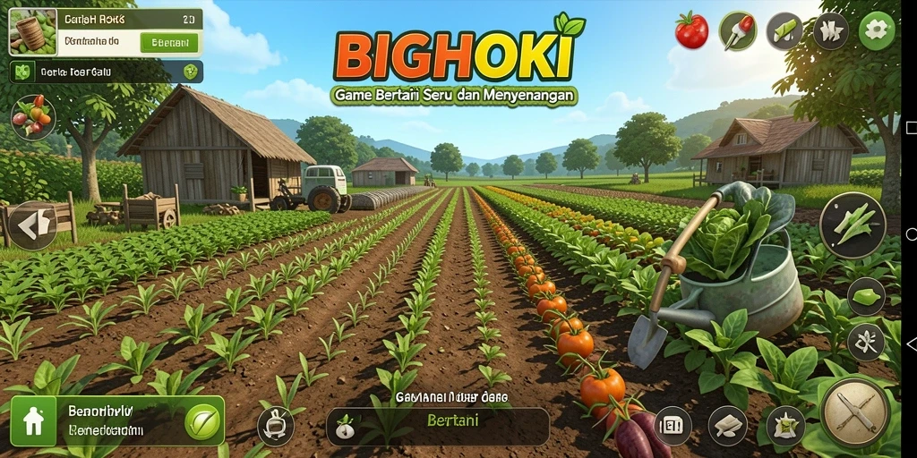 Tampilan antarmuka BIGHOKI menampilkan kebun yang indah dengan berbagai tanaman.
