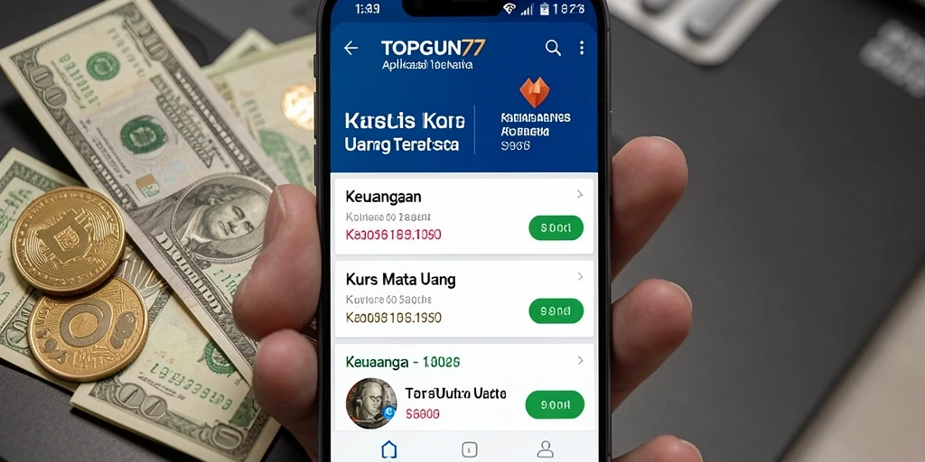 Screenshot aplikasi TOPGUN77 menampilkan antarmuka Kurs Mata Uang yang intuitif dan informatif.